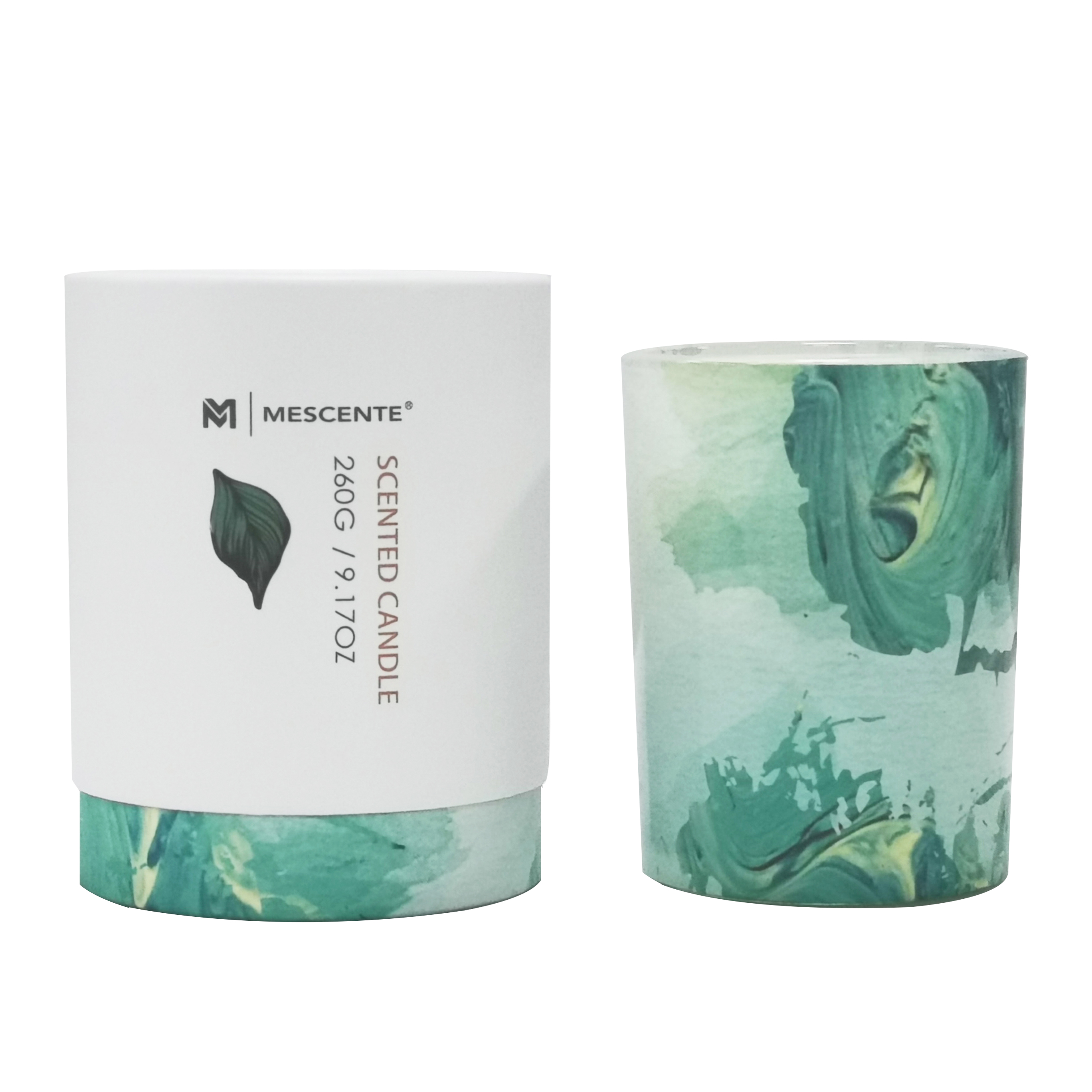 Candela di palma in vaso di vetro verde con etichetta privata M&Scent all'ingrosso, candele spirituali